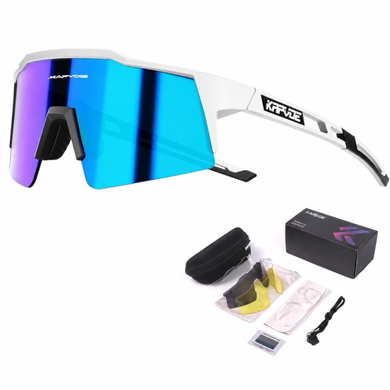 KAPVOE Sport Zonnebril - COMPLETE SET - 4 GLAZEN - Fietsbril - Sportbril - Mountainbike - Wielrennen - Ski - Wintersport - Polariserend - UV 400 - Nachtbril - Hoesje -Brillenkoker - Wit Blauw - apres ski