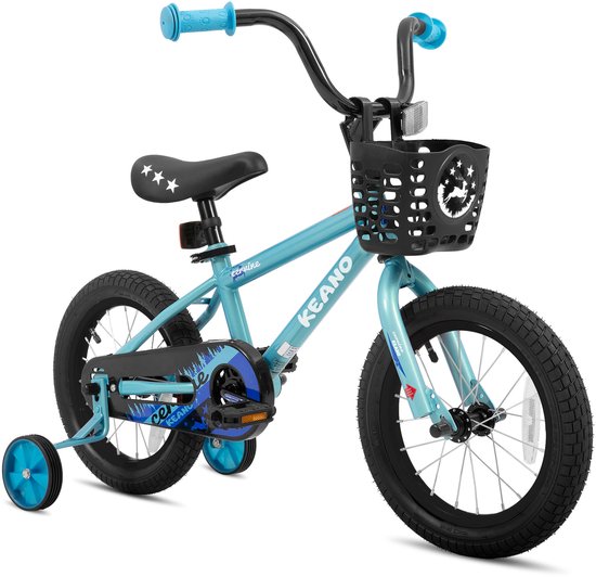 KEANO Cervine Stoere Kinderfiets - 14 Inch - Voor Jongens & Meisjes (2-4 Jaar) - BMX Stijl - Met Zijwieltjes & Mandje - Blauw - Geschikt voor buitenactiviteiten in de lente