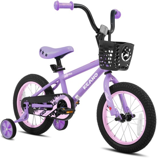 KEANO Cervine Stoere Kinderfiets - 14 Inch - Voor Jongens & Meisjes (2-4 Jaar) - BMX Stijl - Met Zijwieltjes & Mandje - Paars - Geschikt voor buitenactiviteiten in de lente