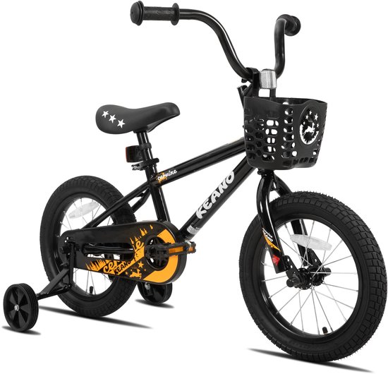 KEANO Cervine Stoere Kinderfiets - 14 Inch - Voor Jongens & Meisjes (2-4 Jaar) - BMX Stijl - Met Zijwieltjes & Mandje - Zwart - Geschikt voor buitenactiviteiten in de lente