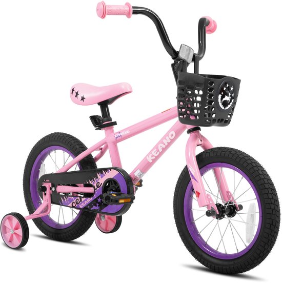 KEANO Cervine Stoere Kinderfiets - 16 Inch - Voor Jongens & Meisjes (4-7 Jaar) - BMX Stijl - Met Zijwieltjes & Mandje - Roze - Geschikt voor buitenactiviteiten in de lente