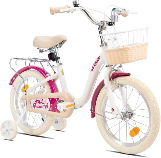 KEANO Kinderfiets - 16 Inch - Voor Jongens & Meisjes (4-7 Jaar) - Inclusief Zijwieltjes - Wit - Geschikt voor buitenactiviteiten in de lente
