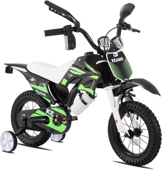 KEANO Motocross Stoere Kinderfiets - 12 Inch - Voor Jongens & Meisjes (2-4 jaar) - Met Zijwieltjes & Nummerbord - Groen van Merkloos