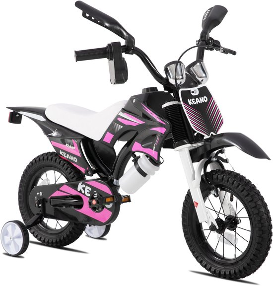 KEANO Motocross Stoere Kinderfiets - 12 Inch - Voor Jongens & Meisjes (2-4 jaar) - Met Zijwieltjes & Nummerbord - Roze van Merkloos