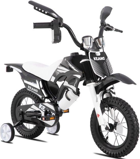 KEANO Motocross Stoere Kinderfiets - 12 Inch - Voor Jongens & Meisjes (2-4 jaar) - Met Zijwieltjes & Nummerbord - Zwart van Merkloos