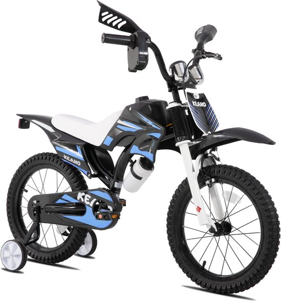 KEANO Motocross Stoere Kinderfiets - 16 Inch - Voor Jongens & Meisjes (4-7 jaar) - Met Zijwieltjes & Nummerbord - Blauw van Merkloos