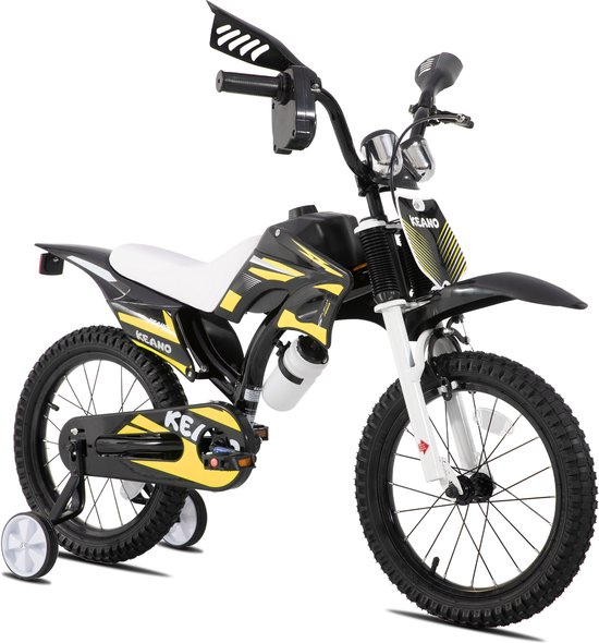 KEANO Motocross Stoere Kinderfiets - 16 Inch - Voor Jongens & Meisjes (4-7 jaar) - Met Zijwieltjes & Nummerbord - Geel