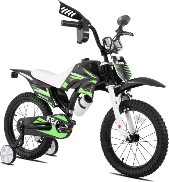 KEANO Motocross Stoere Kinderfiets - 16 Inch - Voor Jongens & Meisjes (4-7 jaar) - Met Zijwieltjes & Nummerbord - Groen