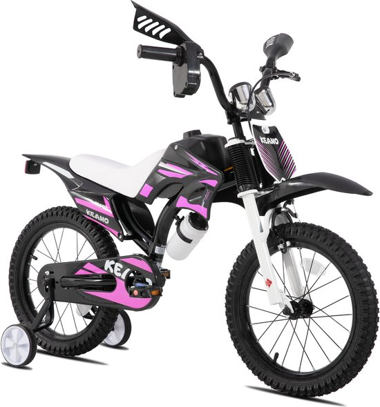 KEANO Motocross Stoere Kinderfiets - 16 Inch - Voor Jongens & Meisjes (4-7 jaar) - Met Zijwieltjes & Nummerbord - Roze van Merkloos