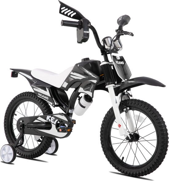 KEANO Motocross Stoere Kinderfiets - 16 Inch - Voor Jongens & Meisjes (4-7 jaar) - Met Zijwieltjes & Nummerbord - Zwart