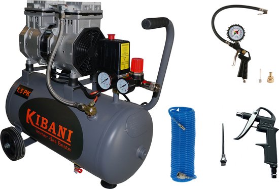 Kibani Super stille compressor 50 liter + luchtslang + luchtspuit + bandenpomp - SET - Low Noise - Compressoren - 50L