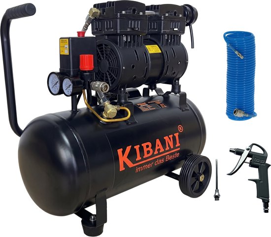 Kibani Super Stille Ecoline Compressor 24 Liter + Luchtslang 10 Meter + Luchtspuit - SET - Olievrij - 8 Bar - 116 L/min