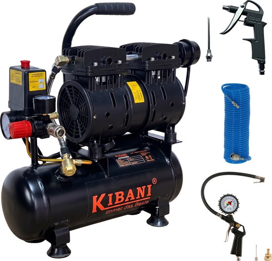 Kibani Super Stille Ecoline Compressor 6 Liter + Luchtslang 10 Meter + Bandenpomp + Luchtspuit - Complete SET - 8 Bar - 89 L/min