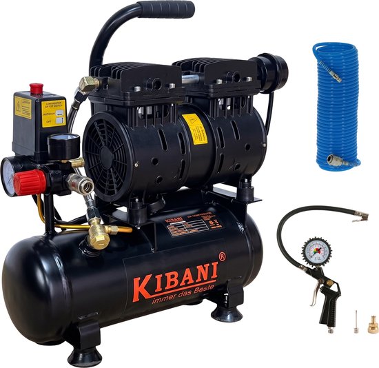 Kibani Super Stille Ecoline Compressor 6 Liter + Luchtslang 10 Meter + Bandenpomp - SET - Olievrij - 8 Bar - 89 L/min