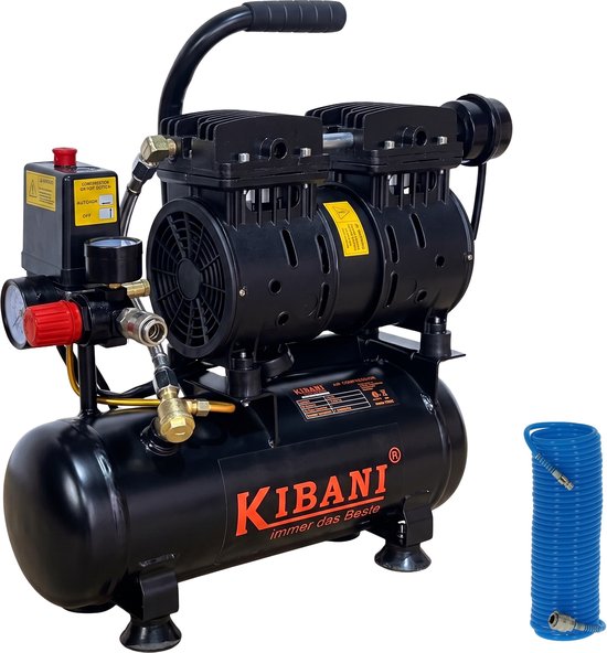 Kibani Super Stille Ecoline Compressor 6 Liter + Rubberen Luchtslang 10 Meter - SET - Olievrij - 8 Bar - 89 L/min - 48 dB(A)