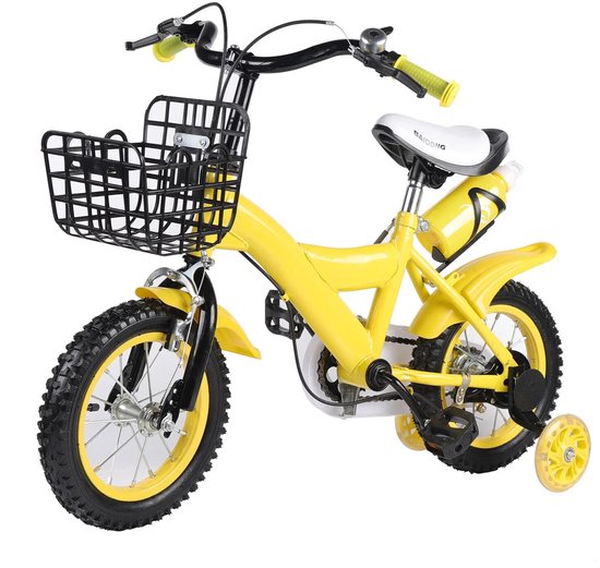 Kinderfiets - 12 inch - Met Zijwieltjes - Met Mandje - Met Fleshouder - Koolstofstaal Frame Voor Stabiliteit - Geel van Merkloos