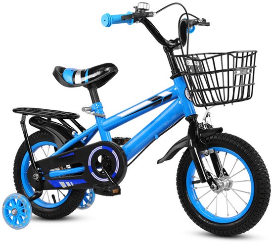 Kinderfiets 14 Inch Blauw – Met Zijwieltjes, Fietsmandje en Bagagedrager – Verstelbaar Stuur en Zadel - 3+