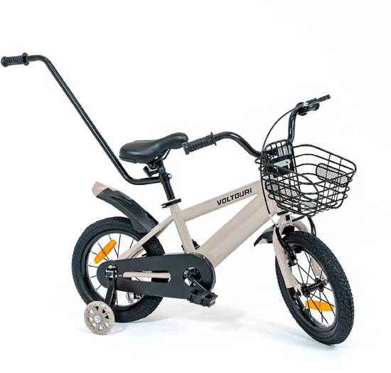 Kinderfiets 14 inch - met zijwieltjes, duwstang & mand - 3-6 jaar van Merkloos