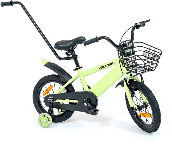 Kinderfiets 14 inch - Zijwieltjes met LED, Mand & Duwstang - 3-6 jaar van Merkloos