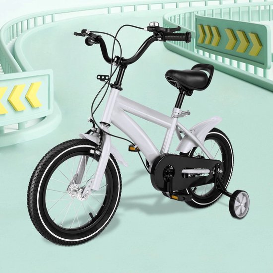 Kinderfiets - Kinderfiets Met Zijwielen - 14Inch - Stoere Fiets Voor Kinderen 2-4 Jaar – Verstelbaar Zadel En Stuur – Met Opbergbak En Mand - Perfect Voor Leren Fietsen - Verstelbare Hoogte, Carbon Staal & Zijwieltjes - Wit van Merkloos