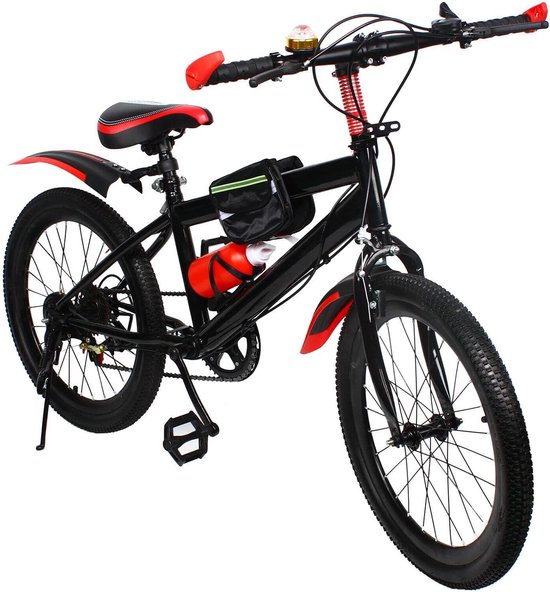 Kinderfiets Mountainbike - Jongensfiets Meisjesfiets - Veilige Fietstocht - Verende Voorvork Schijfrem - 20 inch - Rood Zwart van Merkloos