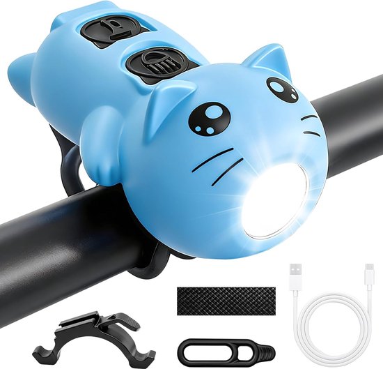 Kinderfiets Verlichting & Fietsbel (2-in-1) - USB-C Oplaadbare Fietslamp Kat - 200 Lumen - Elektrische Toeter - Accessoires Step, Loopfiets, MTB & Kinderwagen - 5 Geluiden - Veilig & Robuust - Cadeau Jongen - Blauw