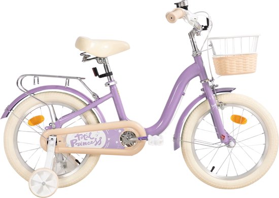 Kinderfiets - Voor kinderen van 3-10 jaar - Met zijwieltjes, fietsmandje en bagagerek - Paars, 41 cm van Merkloos