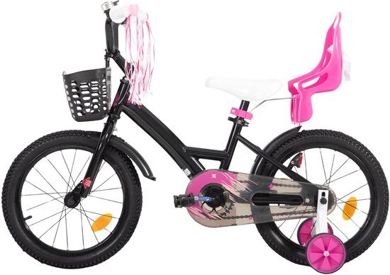 Kinderfiets – Voor meisjes 3–10 jaar – Met zijwieltjes, streamers, mand en poppenzitje – Black-20 Inch