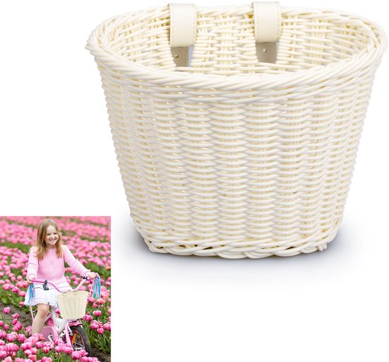 Kinderfietsmand voor voorop - Gevlochten fietsmand voor voorop - Kleine fietsmand voor voorop - Fietsaccessoire - Verstelbaar - Afneembare gevlochten mand - Geschikt voor jongens- en meisjesfietsen - Wit van Merkloos