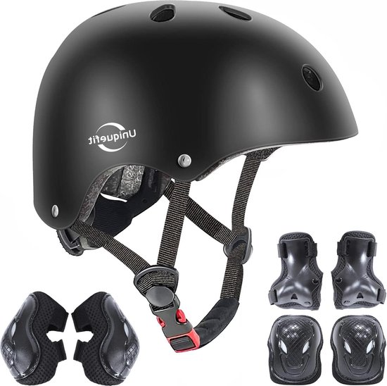 Kinderhelm Verstelbare helm voor kinderen - beschermende uitrusting - kniebeschermers elleboogbeschermers polsbeschermers - zwart M - 8-13 jaar oud van Kinder