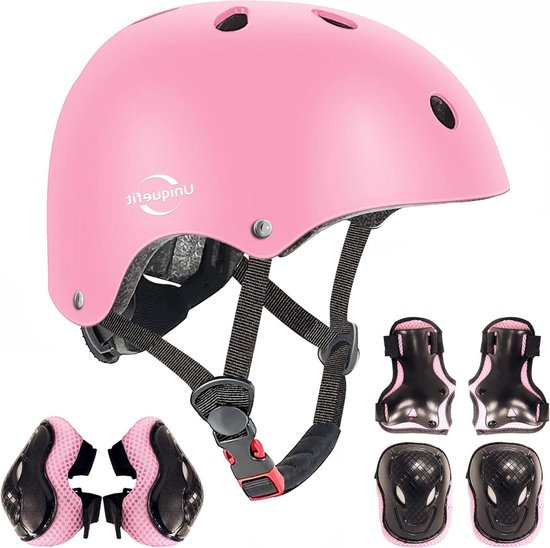 Kinderhelm Verstelbare helm voor kinderen paars-roze beschermende uitrusting kniebeschermers elleboogbeschermers polsbeschermers M 8-13 jaar old van Kinder