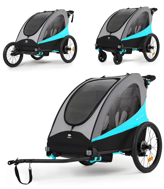 Kinderkraft NAVA 3-in-1 Fietskar, Wandel- en Hardloopwagen - Voor 1-2 Kinderen tot 60 kg - Met Luchtbanden, Vering en Snel Inklapsysteem - Blauw van Kinderkraft