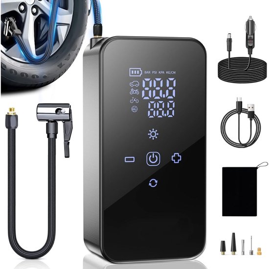 KIRA® Compressor Bandenpomp - Elektrische Luchtpomp - Fietspomp Met Digitaal Display - Zwart - 16cm x 7cm x 4cm