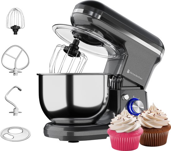 KitchenBrothers Keukenmachine - Keukenrobot - 5L - Keukenmixer - 1200W - Antraciet van KitchenBrothers