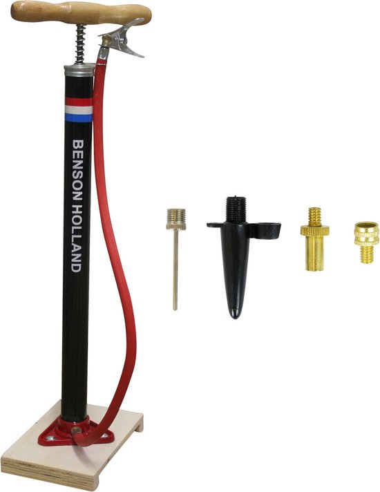 Klassieke fietspomp met houten plank inclusief 4-delige nippelset - Fietsaccessoires fietsband oppompen - Staande fietsbandenpomp - Fietspompen - Geschikt voor alle ventielen van Esschert Design