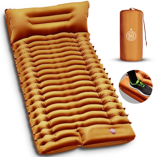 Kochar Slaapmat zelfopblazend - Slaapmat met ingebouwde voetpomp & hoofdkussen - Extra groot formaat - Camping matras - Slaapmatje - Oranje van Kochar