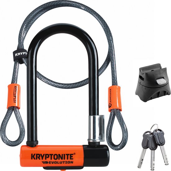 Kryptonite Evolution Mini-7 Beugelslot met Kabel – Fiets – ART-2 Slot – Beugelslot (Elektrische) Fiets – 17,8x8,3 cm - Kabel 120 cm lang – Oranje/Zwart van Kryptonite