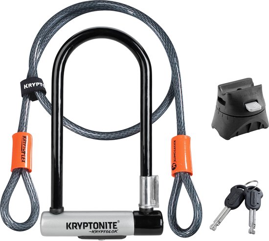 Kryptonite KryptoLok Standard Mini-7 Beugelslot met Kabel – Fiets – ART-2 Slot – Beugelslot (Elektrische) Fiets – 17,8x8,2 cm - Kabel 120 cm lang – Oranje/Zwart van Kryptonite