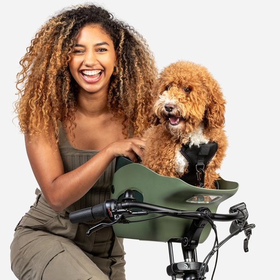 Kvisp - Fietsmand voor Honden Voorop - Forest Green - M Harnas - Voor honden tot 12kg - Ook geschikt voor Elektrische Fietsen - Honden Fietsmand - Veiligheid Voorop - Bekroond ontwerp van Kvisp