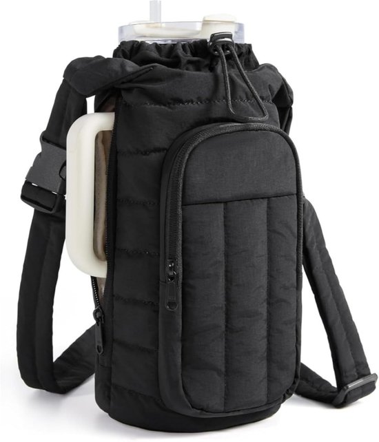 KZQ Gewatteerde Drinkfleshouder met Band, Crossbody Tas voor 40oz Waterfles, Handige Accessoire voor Fitness en Sport, Zwart