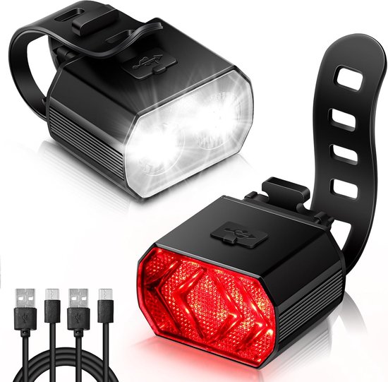 LED Achterlicht en Voorlicht - Fietslamp Rood en Wit Set - Aluminium verlichting fiets - Regenbestendige verlichting - IPX6 Waterdicht - Fietslamp USB Oplaadbaar - 6 Standen - MTB & Racefiets Verlichting - Waterdicht Fietslicht - Zwart