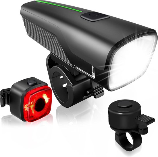 Led-fietslampenset StVZO waterdicht USB-oplaadbaar - voorlichten achterlicht fietsbel