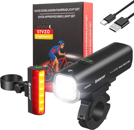 Led-fietsverlichtingsset met Lithium-ion-accu | StVZO-goedgekeurde Fietsverlichting | Superheldere USB Oplaadbare Waterdichte Koplamp voor Mountainbike