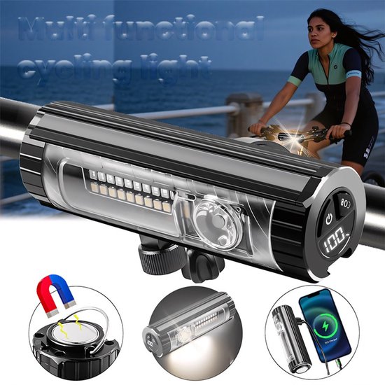 LED-fietsverlichtingsset – Voorlicht – Oplaadbaar via USB – Geschikt voor mountainbikes en racefietsen – Waterdicht ontwerp – Nood-powerbank voor telefoons