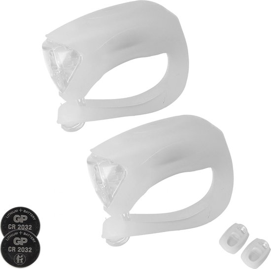 LED Fietsverlichtingsset voorlicht van 2 | waterdichte silicone lampen voor kinderen | Hardlopen verlichting | Wandelen verlichting – wit– Super Felle LED's – Twee Lichtstanden – Inclusief 2 CR2032 Batterijen
