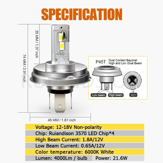 LED koplamp P45T - 4000 lumen - wit - eenvoudig te installeren voor motor en scooter - ShopVlot