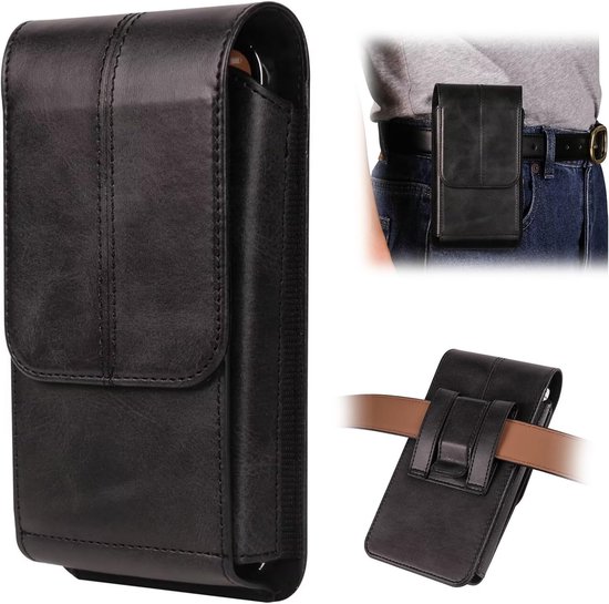 Leder telefoonholster met sterke riemclip en magnetische sluiting geschikt voor iPhone 17/16/15/14/13/12 pro Max, Galaxy S25/S24/S23/S22 Plus & FE, telefoonriemhouder voor mannen, draagtasje, zwart