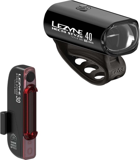 Lezyne Hecto StVZO 40 / Stick StVZO Pair - Micro-USB oplaadbare fietsverlichting - LED fietslampen - Veiligheidslampjes - Fietslamp 2 Standen - CNC Aluminium - Zwart