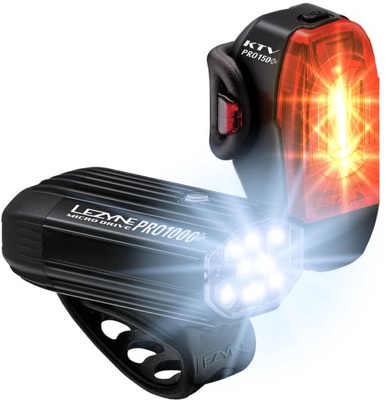 Lezyne Lite Drive 1200 + KTV Drive Pro+ - Fietsverlichting set - Fietslampen voor en achter - Fietslicht - Waterbestendig - 1200 lumen - Zwart