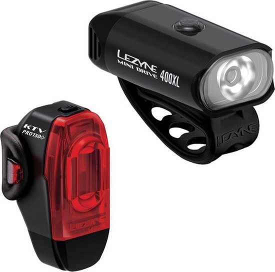 Lezyne Mini Drive 400XL + KTV Drive Pro+ - Fietsverlichting set - Fietslicht voor en achter - USB oplaadbaar - Veiligheidslampjes - Waterdicht - 400 Lumen - Zwart